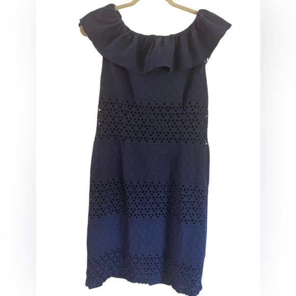 Karl Lagerfeld Dresses & Skirts - Karl Lagerfeld Paris Navy Off-Shoulder Eyelet Dress SZ 12 Ruffle Neck Cotton Mid